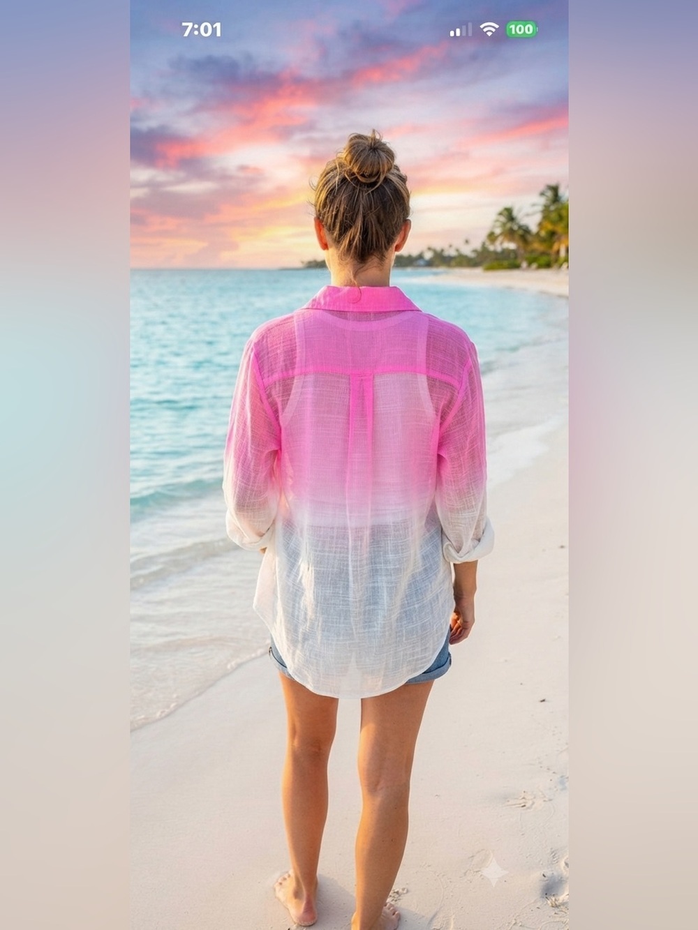 Linen Like Womens Sz S Pink Ombre Button Down Long Sleeve Shirt / Swim Cover